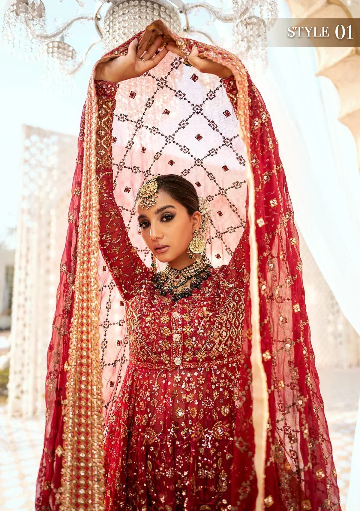Aik Atelier Wedding Festive 24 LOOK 01 – Red Designer Dress with intricate embroidery and embellishments. Shop elegant Asian dresses at Maria Faisal.