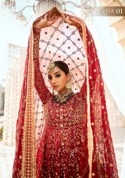 Aik Atelier Wedding Festive 24 LOOK 01 – Red Designer Dress with intricate embroidery and embellishments. Shop elegant Asian dresses at Maria Faisal.