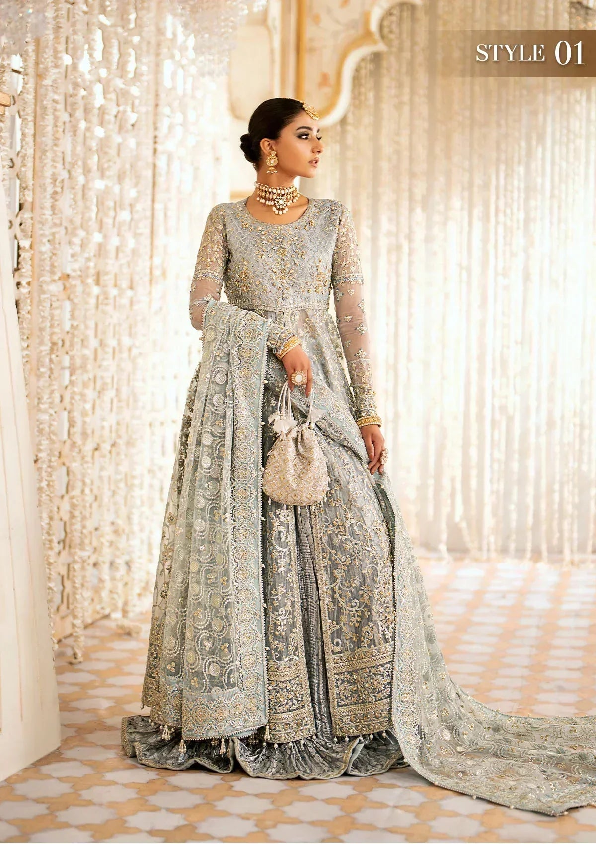 Aik Atelier Wedding Festive 24 LOOK 03 – Ice Blue Designer Dress with intricate embroidery and embellishments. Shop wedding dresses at Maria Faisal.