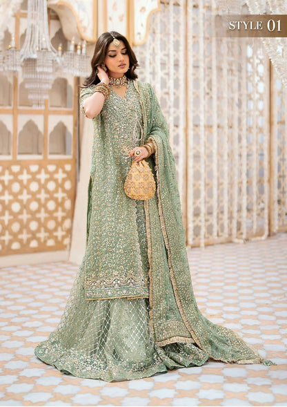 Aik Atelier Wedding Festive 24 LOOK 05 – Mint Green Designer Dress with intricate embroidery and embellishments. Shop wedding dresses at Maria Faisal.