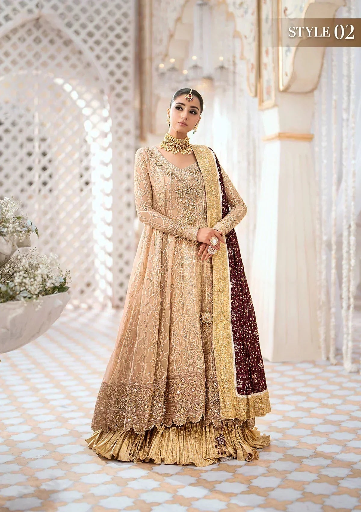 Aik Atelier Wedding Festive 24 LOOK 08 – Gold Designer Dress with intricate embroidery and embellishments. Shop wedding dresses at Maria Faisal.