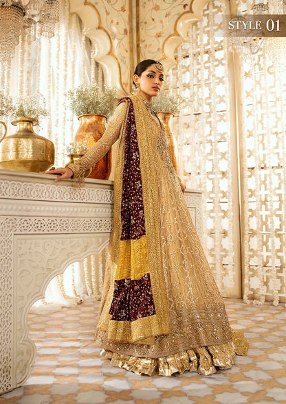 Aik Atelier Wedding Festive 24 LOOK 08 – Gold Designer Dress with intricate embroidery and embellishments. Shop wedding dresses at Maria Faisal.