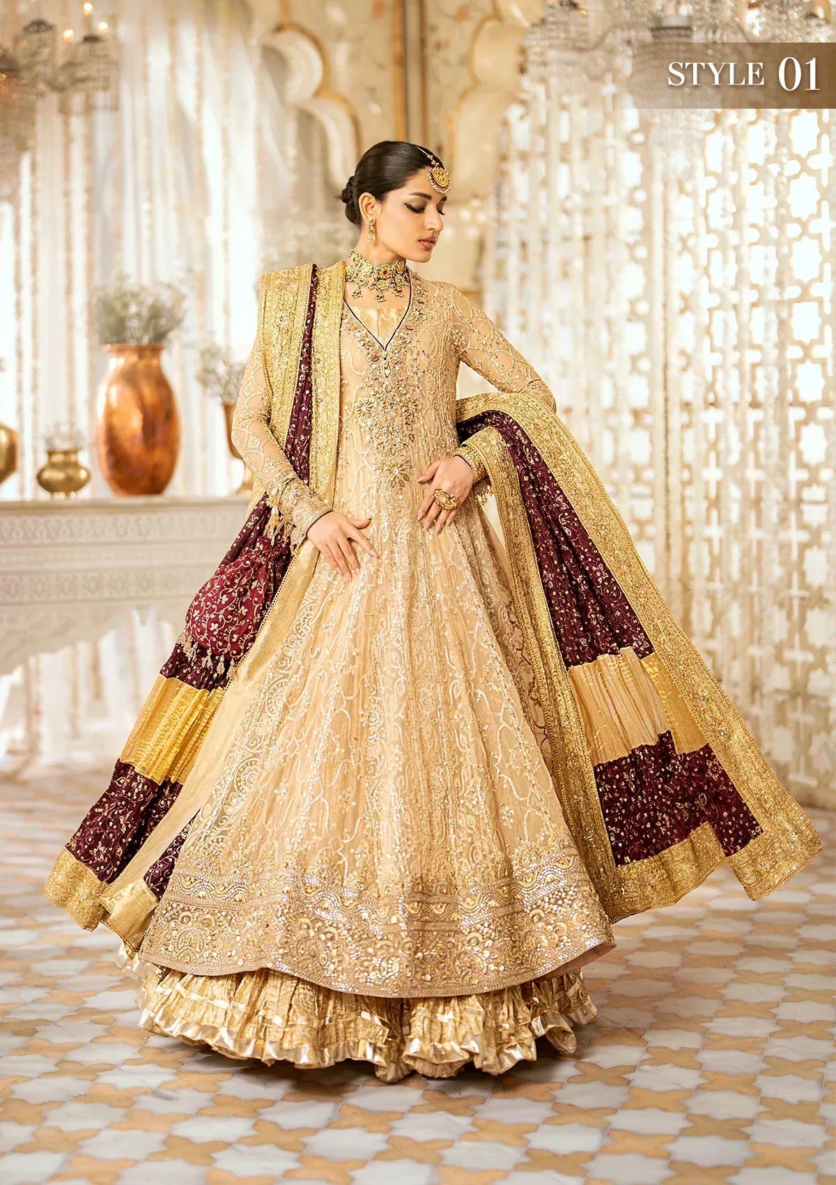 Aik Atelier Wedding Festive 24 LOOK 08 – Gold Designer Dress with intricate embroidery and embellishments. Shop wedding dresses at Maria Faisal.