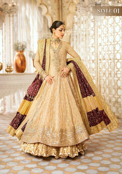 Aik Atelier Wedding Festive 24 LOOK 08 – Gold Designer Dress with intricate embroidery and embellishments. Shop wedding dresses at Maria Faisal.