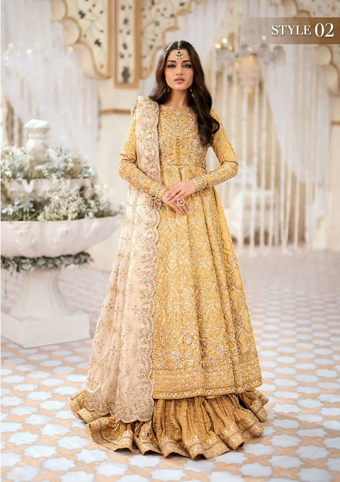 Aik Atelier Wedding Festive 24 LOOK 09 – Gold Designer Dress with intricate embroidery and embellishments. Shop wedding dresses at Maria Faisal.