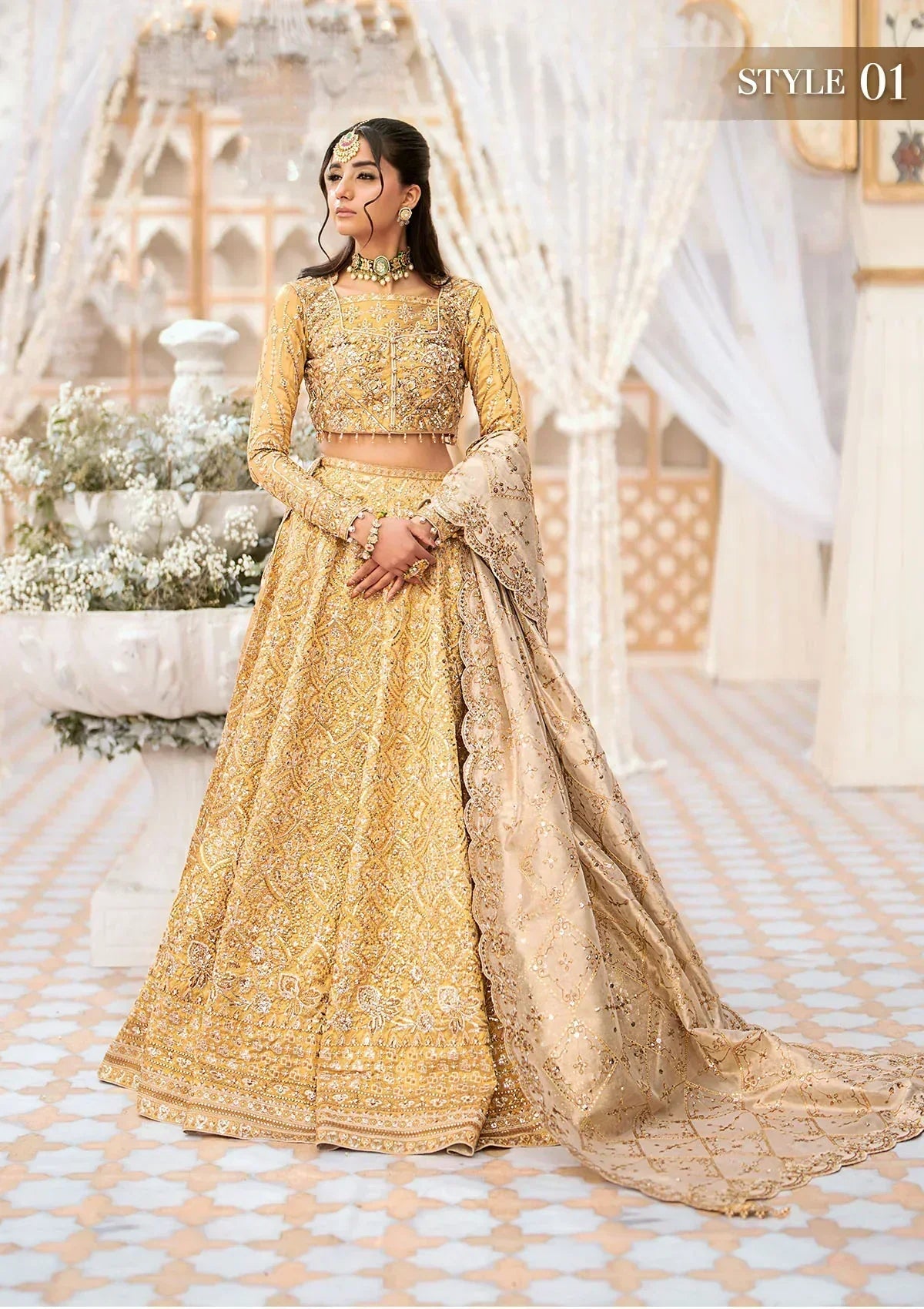 Aik Atelier Wedding Festive 24 LOOK 09 – Gold Designer Dress with intricate embroidery and embellishments. Shop wedding dresses at Maria Faisal.