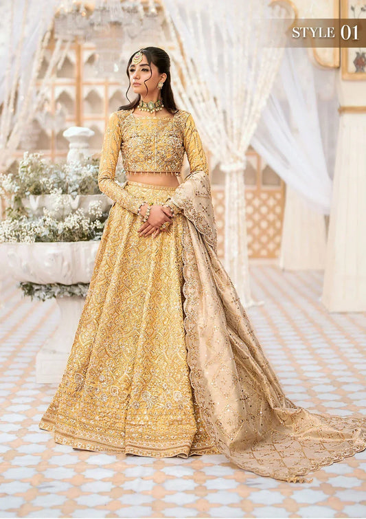 Aik Atelier Wedding Festive 24 LOOK 09 – Gold Designer Dress with intricate embroidery and embellishments. Shop wedding dresses at Maria Faisal.
