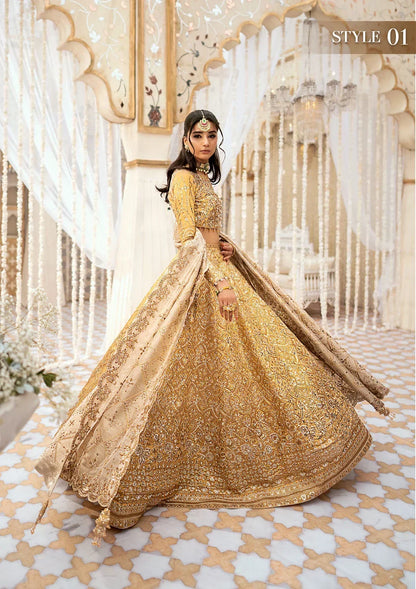 Aik Atelier Wedding Festive 24 LOOK 09 – Gold Designer Dress with intricate embroidery and embellishments. Shop wedding dresses at Maria Faisal.