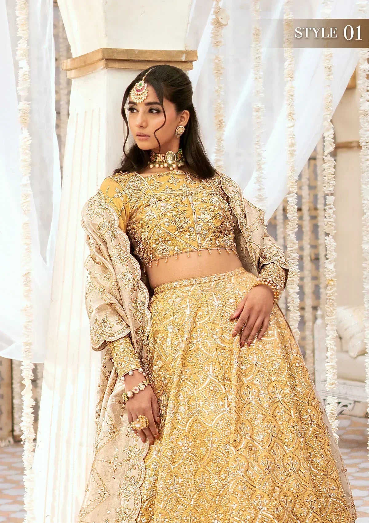 Aik Atelier Wedding Festive 24 LOOK 09 – Gold Designer Dress with intricate embroidery and embellishments. Shop wedding dresses at Maria Faisal.