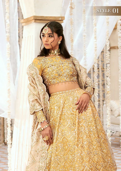 Aik Atelier Wedding Festive 24 LOOK 09 – Gold Designer Dress with intricate embroidery and embellishments. Shop wedding dresses at Maria Faisal.