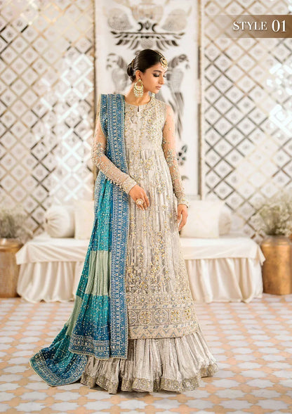 Aik Atelier Wedding Festive 24 LOOK 10 – Light Grey Designer Dress with intricate embroidery and embellishments. Shop wedding dresses at Maria Faisal.