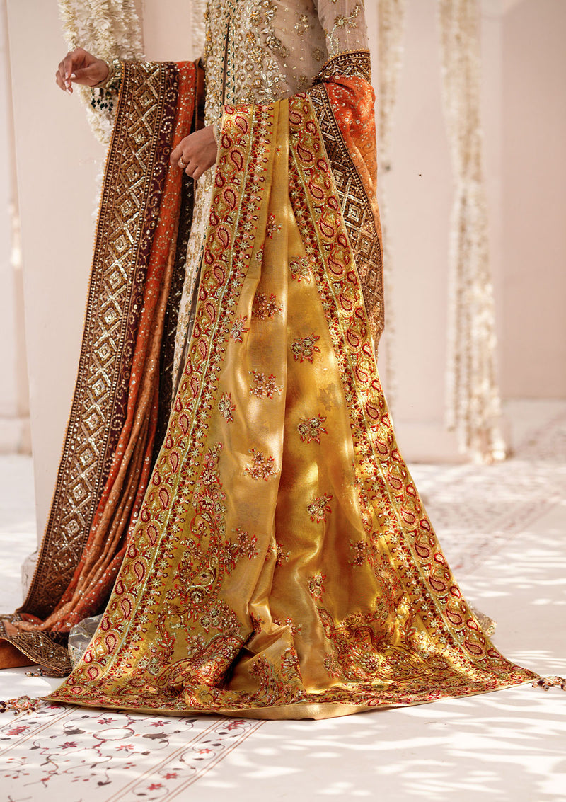Aik Atelier | Wedding Festive 24 | INDIAN GOLD TISSUE SHAWL - Designer Dress with Intricate embroidery and embellishments. Shop elegent wedding dress at Maria Faisal.