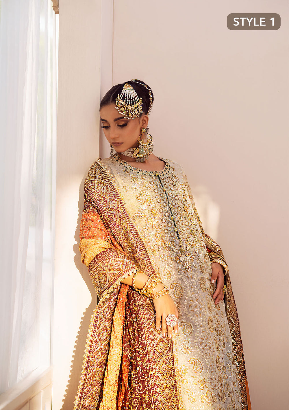 Aik Atelier Wedding Festive 24 Vol 2 LOOK 1– Off White Pakistani Dress with intricate embroidery and embellishments. Shop elegant Asian dresses at Maria Faisal.