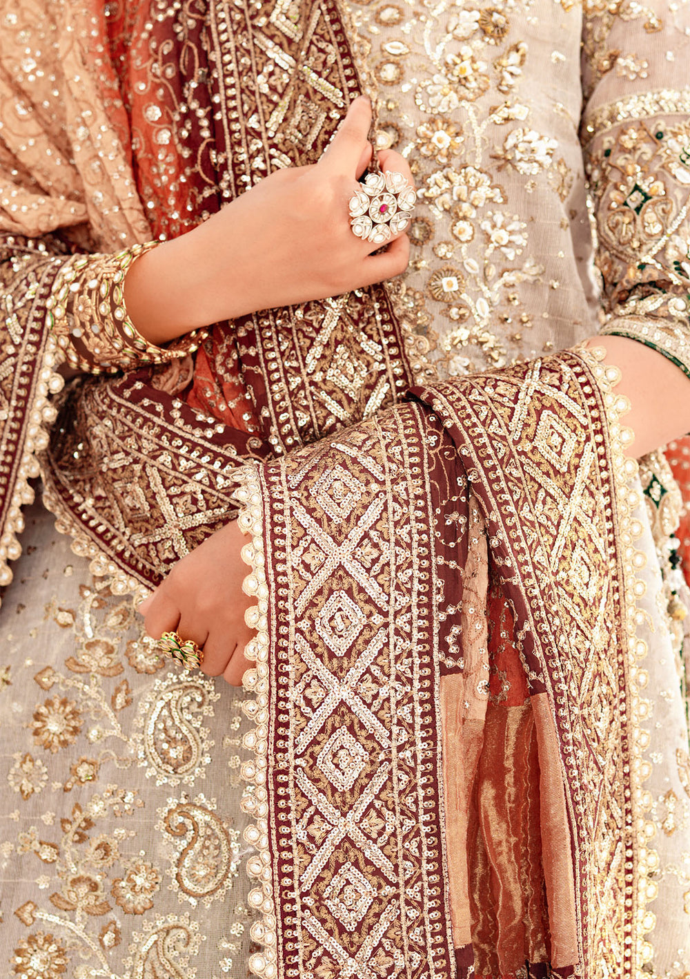 Aik Atelier Wedding Festive 24 Vol 2 LOOK 1– Off White Pakistani Dress with intricate embroidery and embellishments. Shop elegant Asian dresses at Maria Faisal.