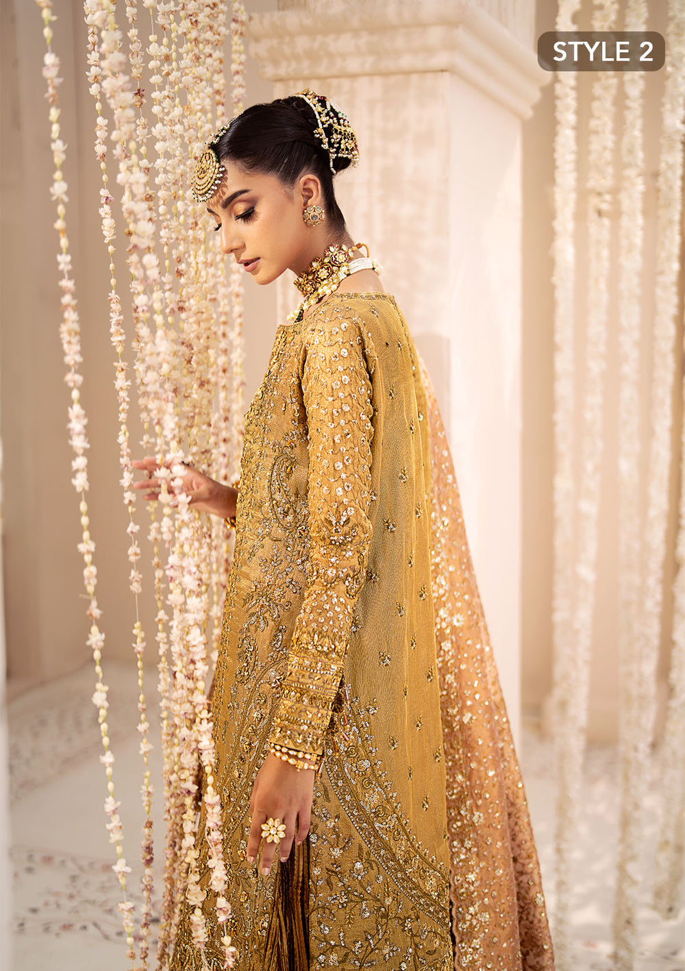 Aik Atelier Wedding Festive 24 Vol 2 LOOK 01 – Indian Gold Pakistani Dress with intricate embroidery and embellishments. Shop elegant Asian dresses at Maria Faisal.