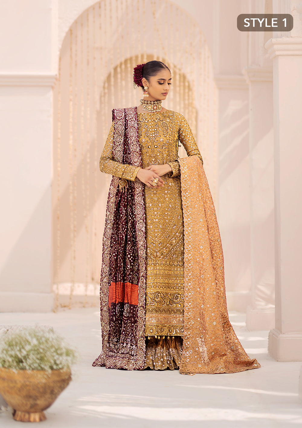 Aik Atelier Wedding Festive 24 Vol 2 LOOK 01 – Indian Gold Pakistani Dress with intricate embroidery and embellishments. Shop elegant Asian dresses at Maria Faisal.