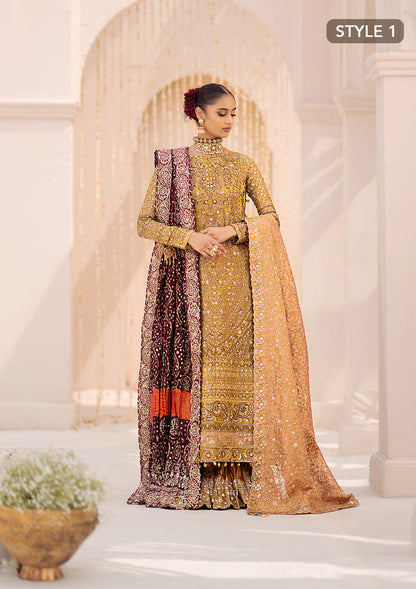 Aik Atelier Wedding Festive 24 Vol 2 LOOK 01 – Indian Gold Pakistani Dress with intricate embroidery and embellishments. Shop elegant Asian dresses at Maria Faisal.