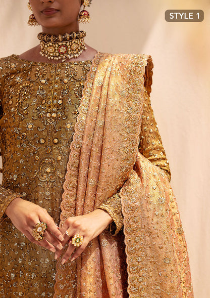 Aik Atelier Wedding Festive 24 Vol 2 LOOK 01 – Indian Gold Pakistani Dress with intricate embroidery and embellishments. Shop elegant Asian dresses at Maria Faisal.