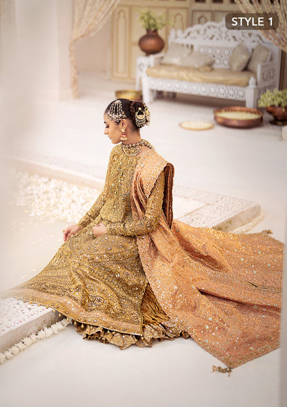 Aik Atelier Wedding Festive 24 Vol 2 LOOK 01 – Indian Gold Pakistani Dress with intricate embroidery and embellishments. Shop elegant Asian dresses at Maria Faisal.