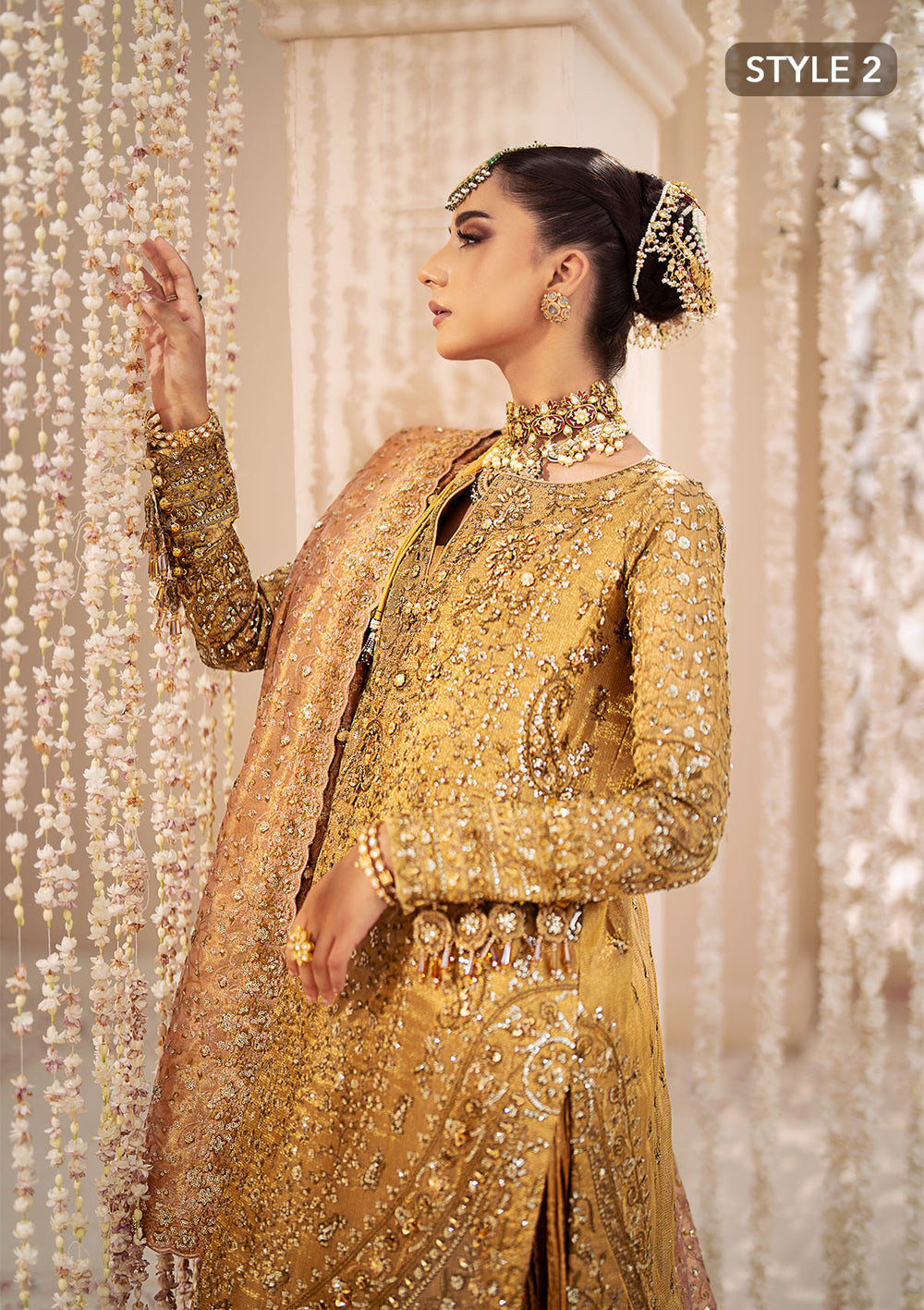 Aik Atelier Wedding Festive 24 Vol 2 LOOK 01 – Indian Gold Pakistani Dress with intricate embroidery and embellishments. Shop elegant Asian dresses at Maria Faisal.