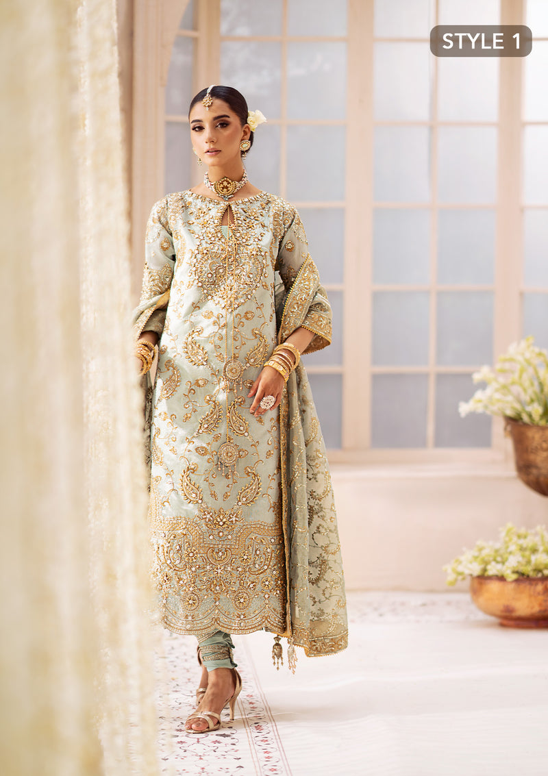Aik Atelier Wedding Festive 24 Vol 2 LOOK 03 – Ice Blue Pakistani Dress with intricate embroidery and embellishments. Shop elegant Asian dresses at Maria Faisal.