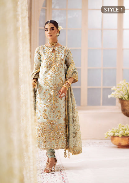 Aik Atelier Wedding Festive 24 Vol 2 LOOK 03 – Ice Blue Pakistani Dress with intricate embroidery and embellishments. Shop elegant Asian dresses at Maria Faisal.