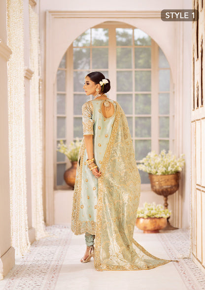 Aik Atelier Wedding Festive 24 Vol 2 LOOK 03 – Ice Blue Pakistani Dress with intricate embroidery and embellishments. Shop elegant Asian dresses at Maria Faisal.