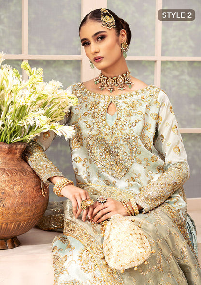 Aik Atelier Wedding Festive 24 Vol 2 LOOK 03 – Ice Blue Pakistani Dress with intricate embroidery and embellishments. Shop elegant Asian dresses at Maria Faisal.