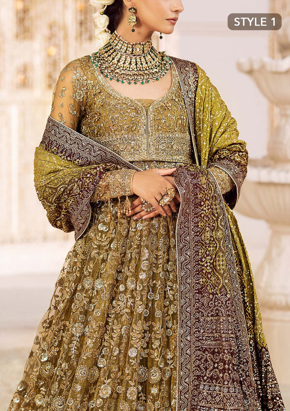 Aik Atelier Wedding Festive 24 Vol 2 LOOK 04 – Olive Pakistani Dress with intricate embroidery and embellishments. Shop elegant Asian dresses at Maria Faisal.