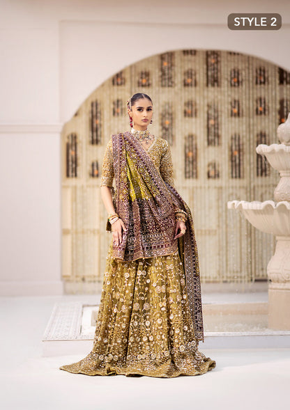 Aik Atelier Wedding Festive 24 Vol 2 LOOK 04 – Olive Pakistani Dress with intricate embroidery and embellishments. Shop elegant Asian dresses at Maria Faisal.
