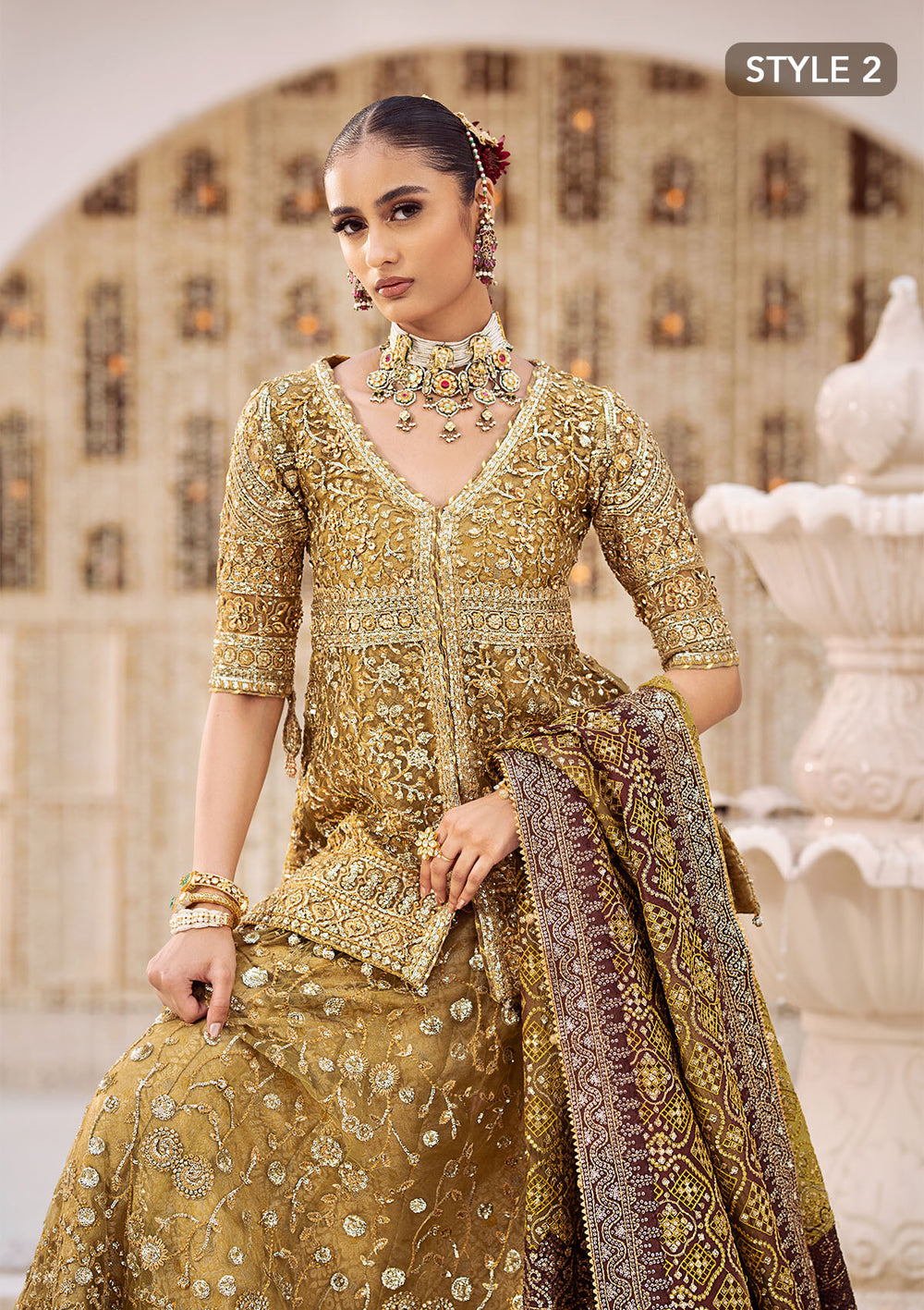 Aik Atelier Wedding Festive 24 Vol 2 LOOK 04 – Olive Pakistani Dress with intricate embroidery and embellishments. Shop elegant Asian dresses at Maria Faisal.