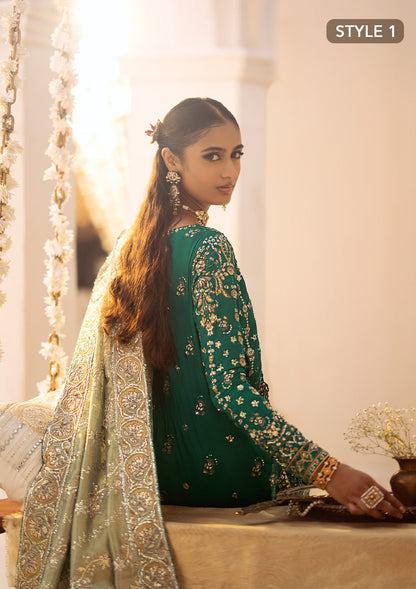 Aik Atelier Wedding Festive 24 Vol 2 LOOK 09 – Emerald Green Pakistani Dress with intricate embroidery and embellishments. Shop elegant Asian dresses at Maria Faisal.