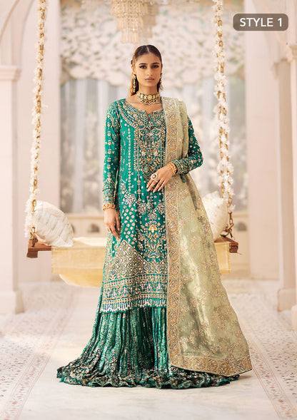 Aik Atelier Wedding Festive 24 Vol 2 LOOK 09 – Emerald Green Pakistani Dress with intricate embroidery and embellishments. Shop elegant Asian dresses at Maria Faisal.