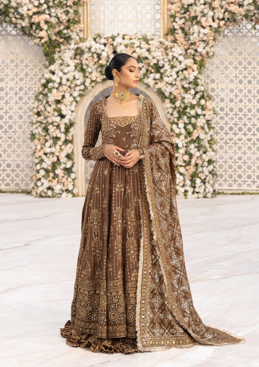Aik Atelier Formals Vol-1 24 Look 3 – Brown Pakistani Dress with intricate embroidery and embellishments. Shop elegant Asian dresses at Maria Faisal.