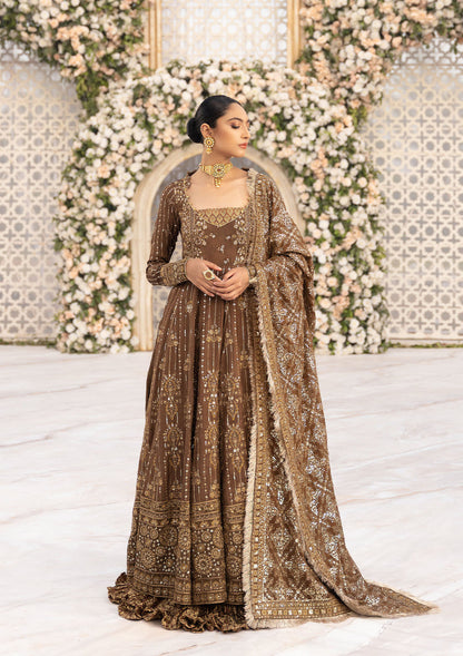 Aik Atelier Formals Vol-1 24 Look 3 – Brown Pakistani Dress with intricate embroidery and embellishments. Shop elegant Asian dresses at Maria Faisal.