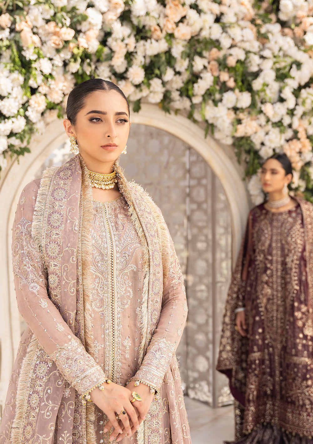 Aik Atelier Formals Vol-1 24 Look 2 – Tea Pink Pakistani Dress with intricate embroidery and embellishments. Shop elegant Asian dresses at Maria Faisal.