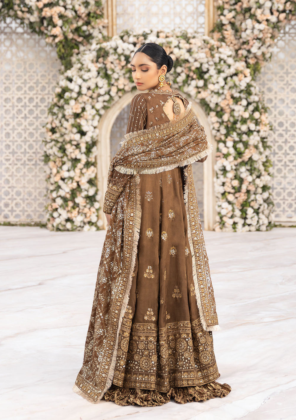 Aik Atelier Formals Vol-1 24 Look 3 – Brown Pakistani Dress with intricate embroidery and embellishments. Shop elegant Asian dresses at Maria Faisal.