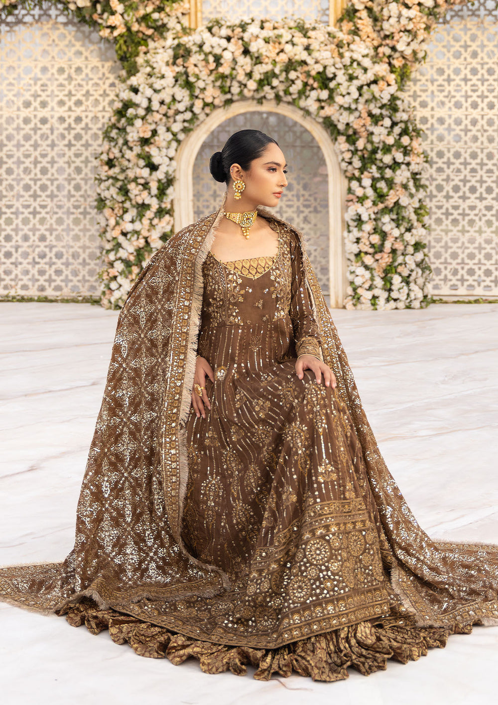 Aik Atelier Formals Vol-1 24 Look 3 – Brown Pakistani Dress with intricate embroidery and embellishments. Shop elegant Asian dresses at Maria Faisal.
