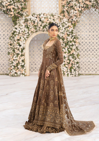 Aik Atelier Formals Vol-1 24 Look 3 – Brown Pakistani Dress with intricate embroidery and embellishments. Shop elegant Asian dresses at Maria Faisal.