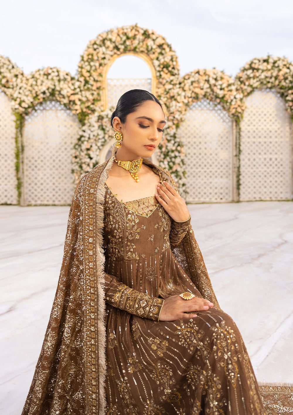 Aik Atelier Formals Vol-1 24 Look 3 – Brown Pakistani Dress with intricate embroidery and embellishments. Shop elegant Asian dresses at Maria Faisal.