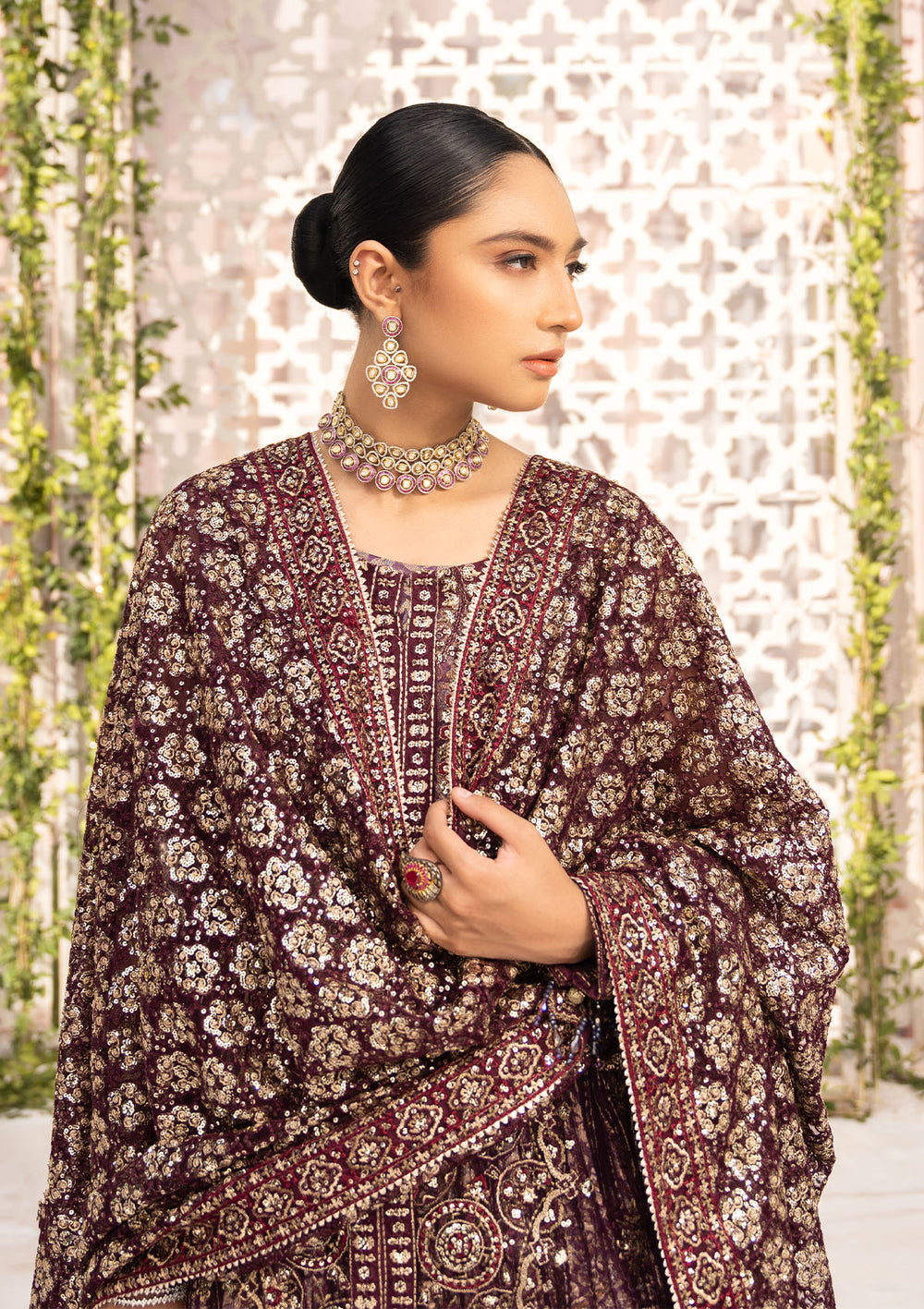 Aik Atelier Formals Vol-1 24 Look 4 – Plum Pakistani Dress with intricate embroidery and embellishments. Shop elegant Asian dresses at Maria Faisal.