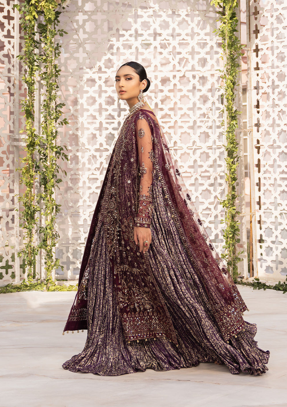 Aik Atelier Formals Vol-1 24 Look 4 – Plum Pakistani Dress with intricate embroidery and embellishments. Shop elegant Asian dresses at Maria Faisal.