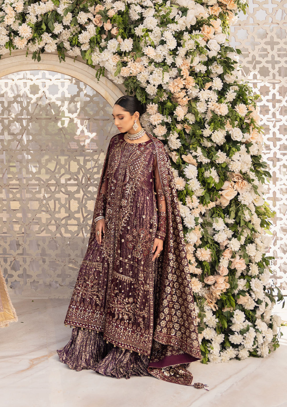 Aik Atelier Formals Vol-1 24 Look 4 – Plum Pakistani Dress with intricate embroidery and embellishments. Shop elegant Asian dresses at Maria Faisal.