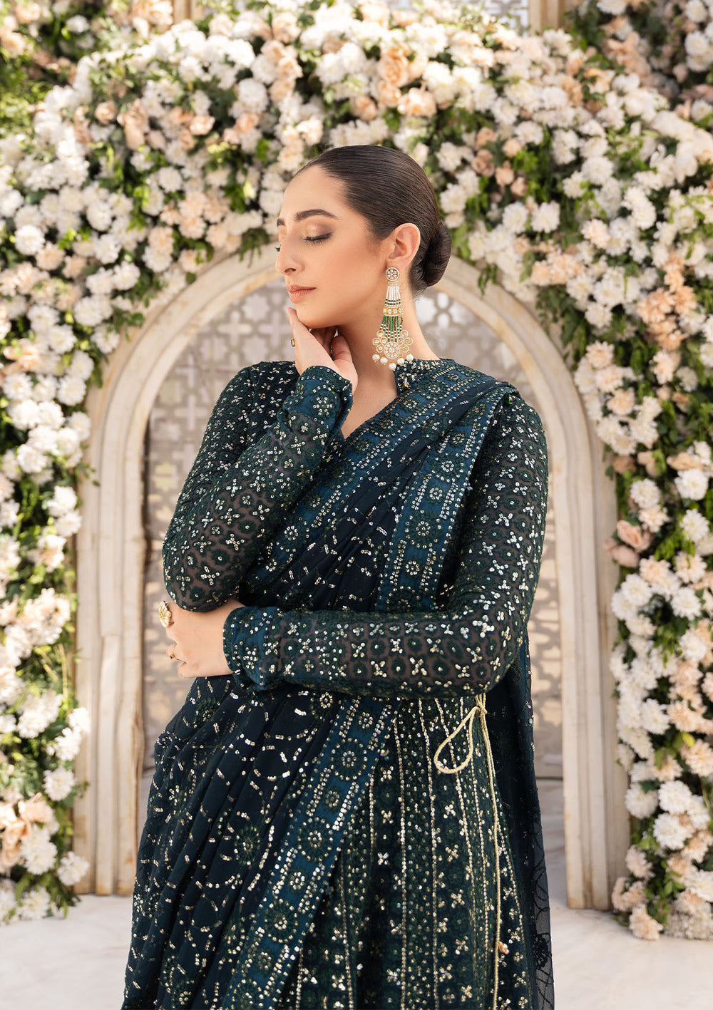 Aik Atelier Formals Vol-1 24 Look 1 – Bottle Green Pakistani Dress with intricate embroidery and embellishments. Shop elegant Asian dresses at Maria Faisal.