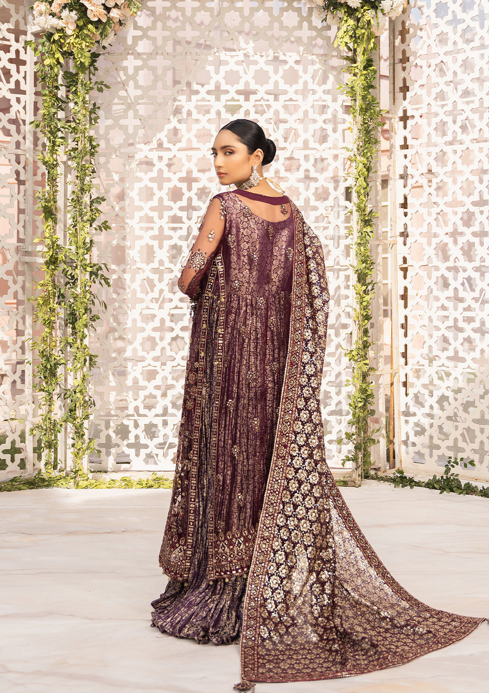 Aik Atelier Formals Vol-1 24 Look 4 – Plum Pakistani Dress with intricate embroidery and embellishments. Shop elegant Asian dresses at Maria Faisal.
