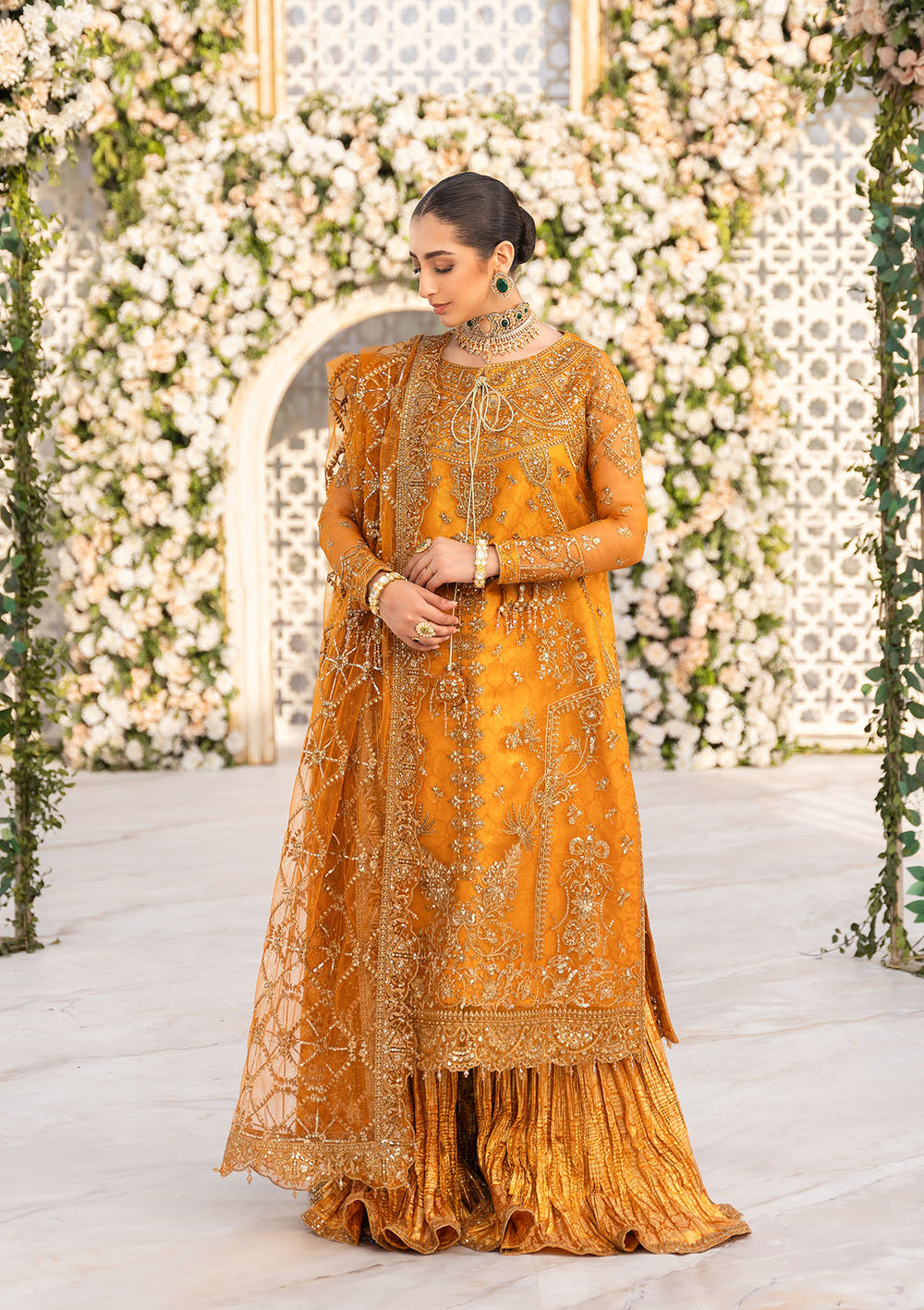 Aik Atelier Formals Vol-1 24 Look 5 – Rust Pakistani Dress with intricate embroidery and embellishments. Shop elegant Asian dresses at Maria Faisal.