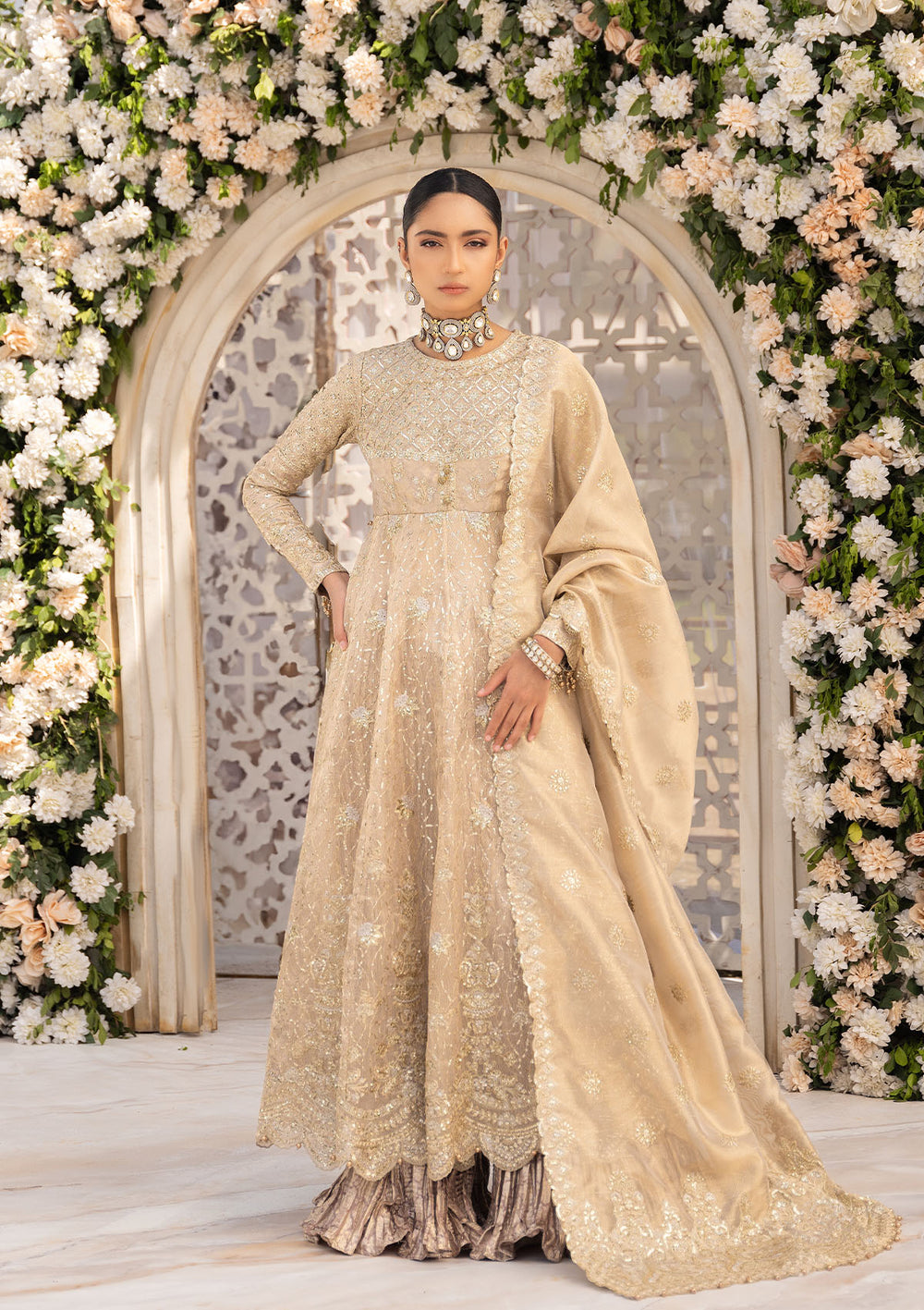 Aik Atelier Formals Vol-1 24 Look 6 - Light Gold Pakistani Dress with intricate embroidery and embellishments. Shop elegant Asian dresses at Maria Faisal.