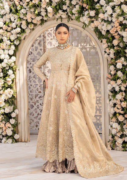 Aik Atelier Formals Vol-1 24 Look 6 - Light Gold Pakistani Dress with intricate embroidery and embellishments. Shop elegant Asian dresses at Maria Faisal.