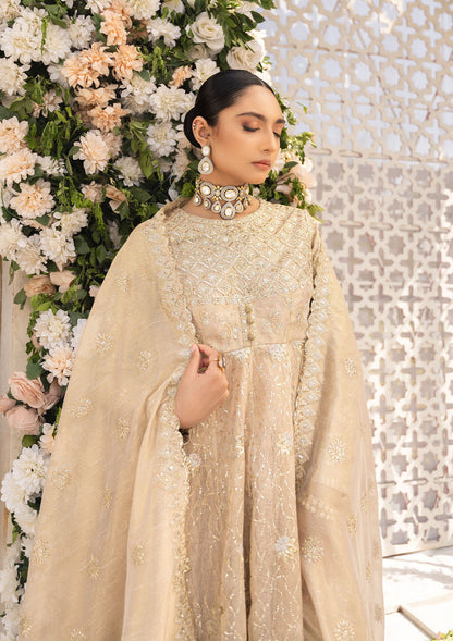 Aik Atelier Formals Vol-1 24 Look 6 - Light Gold Pakistani Dress with intricate embroidery and embellishments. Shop elegant Asian dresses at Maria Faisal.