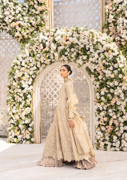 Aik Atelier Formals Vol-1 24 Look 6 - Light Gold Pakistani Dress with intricate embroidery and embellishments. Shop elegant Asian dresses at Maria Faisal.